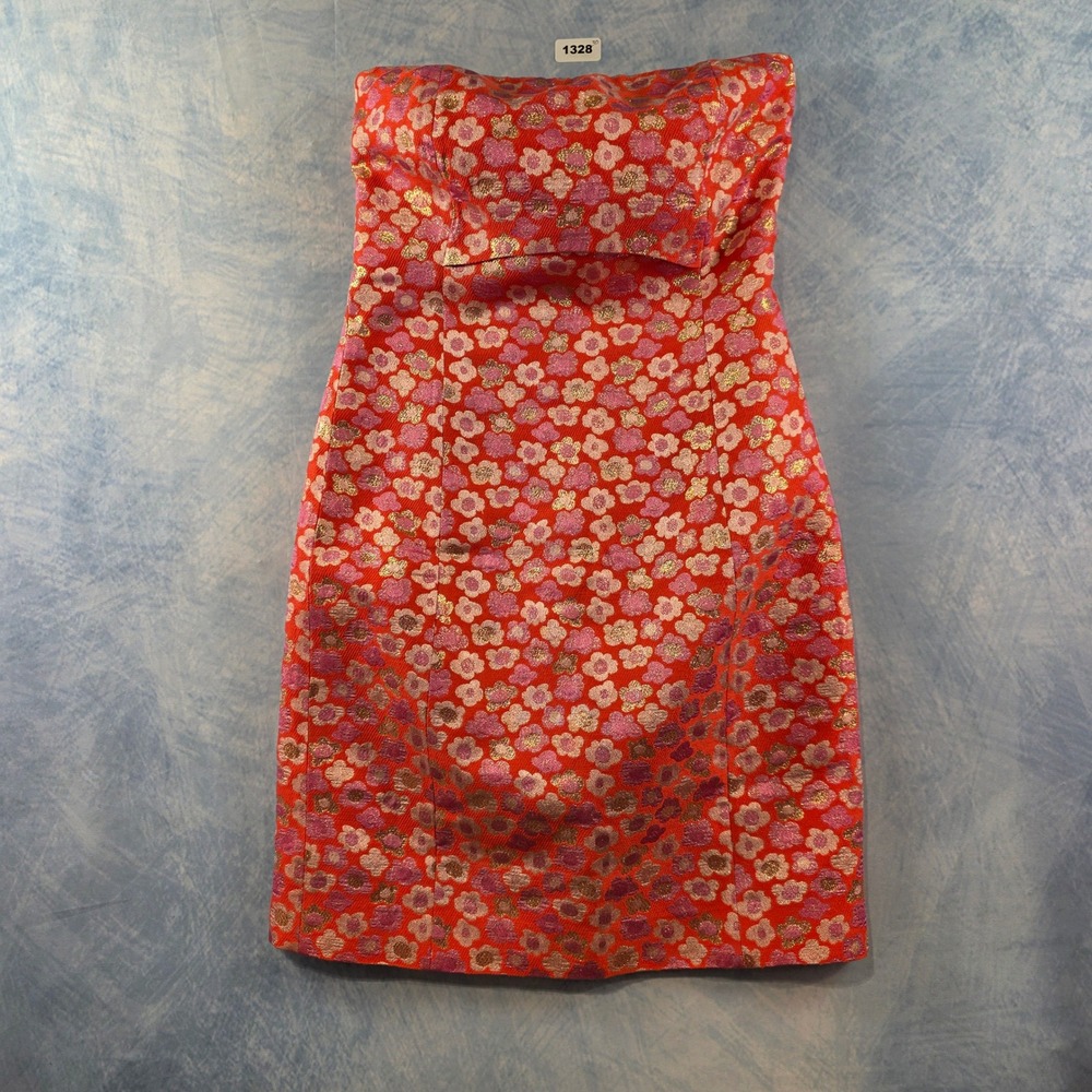 Strapless Floral Jacquard Dress in Red